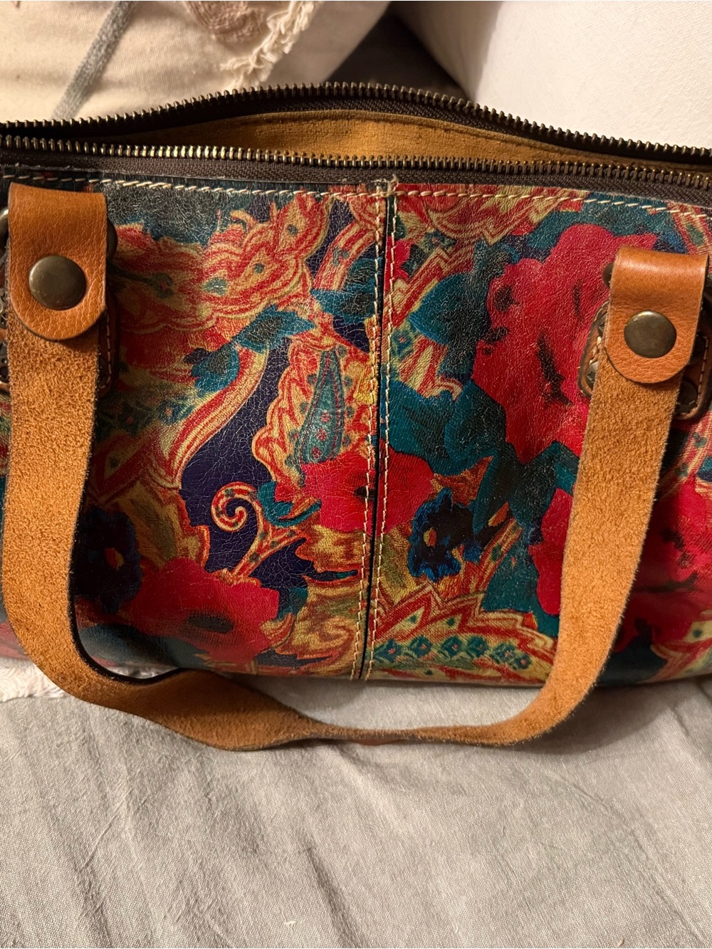Patricia Nash Red Teal Floral Leather Shoulder Bag with Tan Suede Handles
